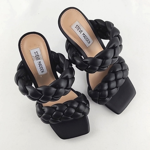 Steve Madden Women's Henley Black Heeled Puffy Braided Sandal Square Toe Sz 6.5M - Picture 5 of 12